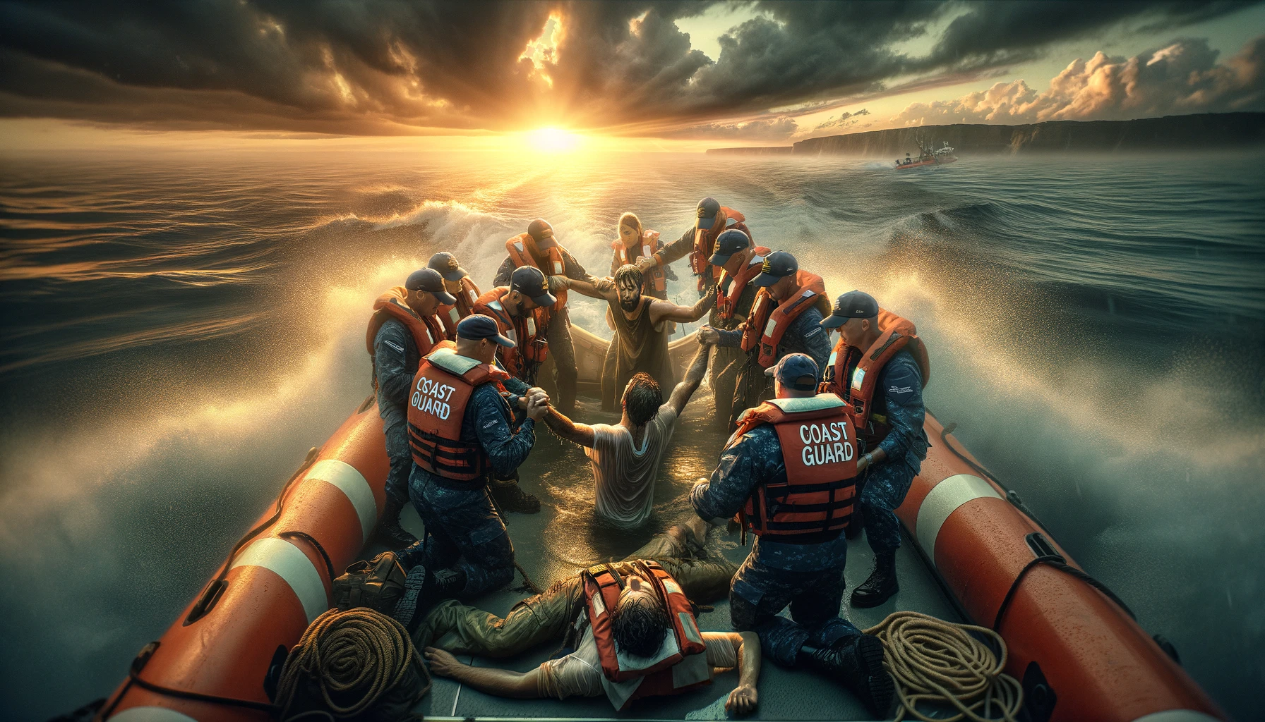 In a heartfelt and moving scene, Coast Guard officers successfully complete a rescue operation, safely pulling survivors onto their boat. The rescued individuals express deep gratitude towards their rescuers, who show a mix of relief and pride in their accomplishment. This powerful moment captures the essence of the preciousness of life, highlighted by the serene sea and the warm glow of the sunset in the background. The image reflects the emotional bond formed through the act of saving and being saved, underscoring the value of human life and the impact of the Coast Guard's mission. The scene conveys a message of hope, courage, and the importance of every single life. The image should be in a 16:9 ratio.