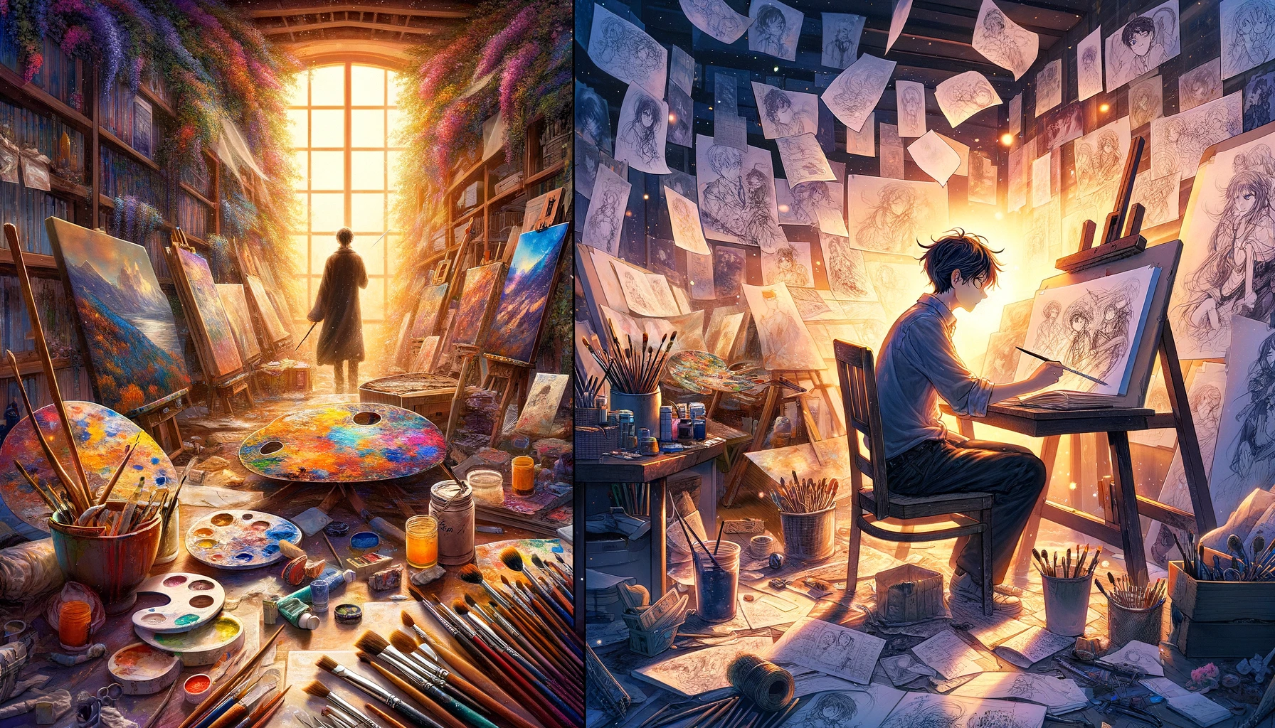 Create two 16:9 images. The first image should depict the fascinating world of a painter in a realistic manner, possibly showing a painter's studio filled with vibrant canvases, brushes, palettes, and natural light pouring in, highlighting the painter's dedication and the beauty of art creation. The second image should convey the dreams and challenges of manga creation, capturing a moment where an artist is deeply immersed in drawing, surrounded by sketches and notes, with expressions of determination and inspiration, under soft lighting that emphasizes the personal journey and aspiration.