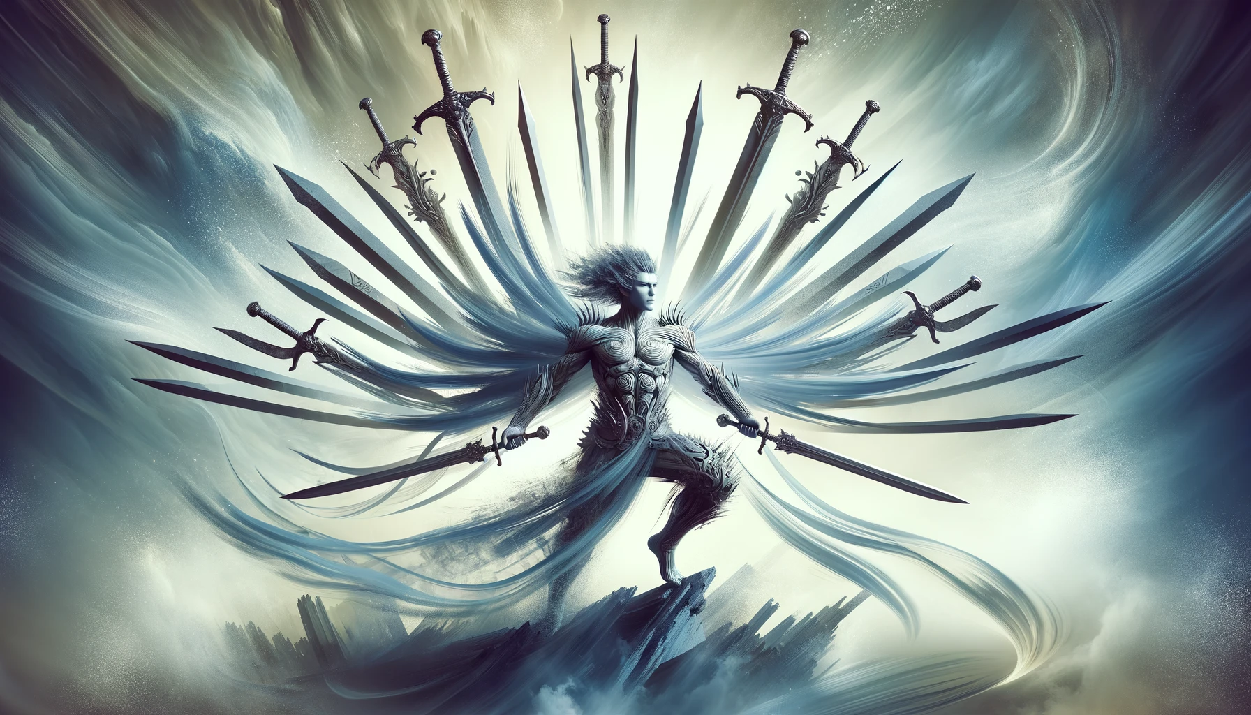 A mystical warrior with countless swords emerging from all over their body, standing heroically in a dynamic pose. The background is an abstract, ethereal landscape, symbolizing a realm of endless battle and strength. The warrior's expression is fierce and determined, showcasing their readiness for combat.