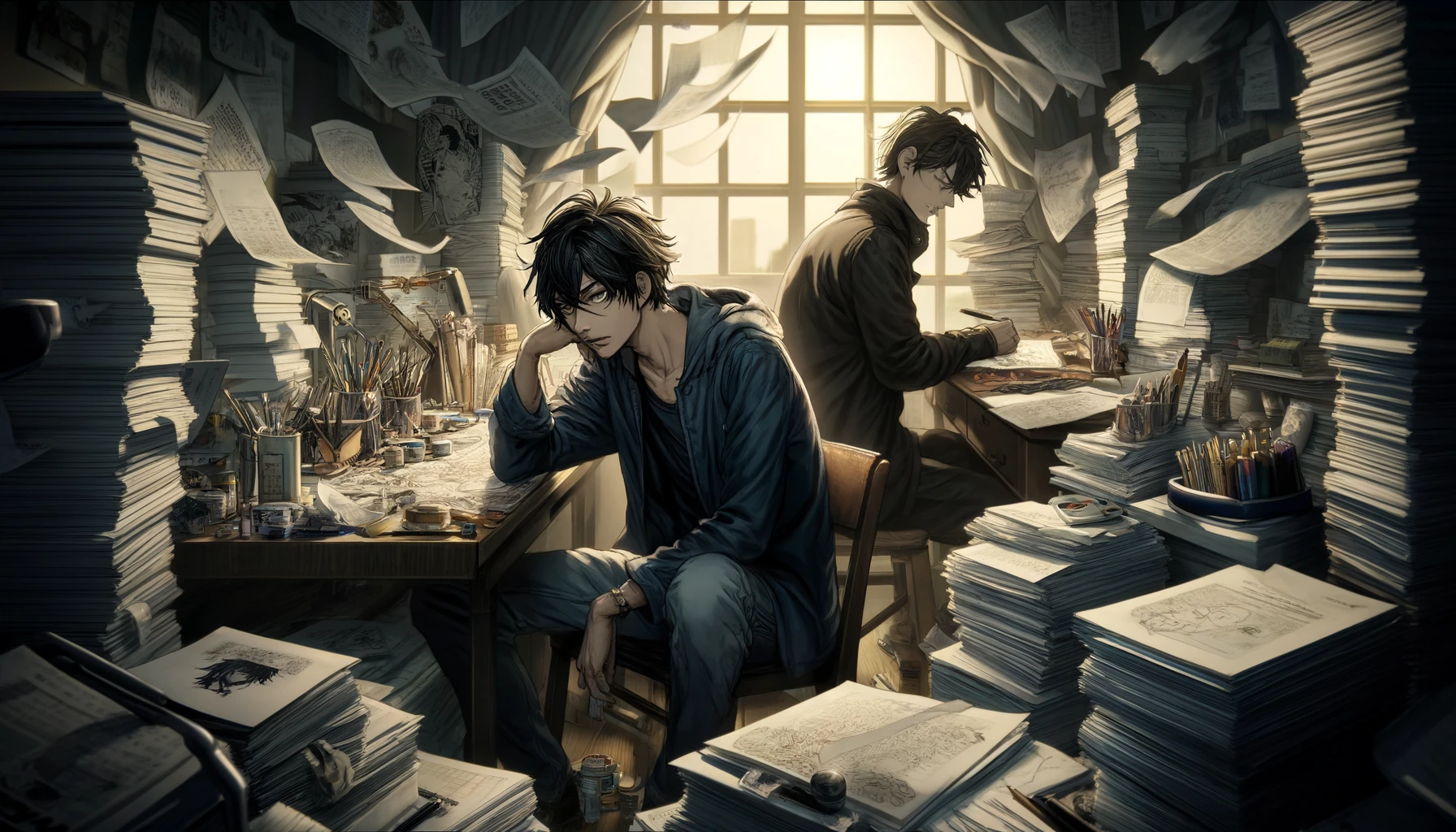 In an evocative and compelling scene, two aspiring manga artists are depicted in their workspace, surrounded by piles of manuscripts and drawing tools, reflecting the intensity of their quest to become successful manga creators. Their faces show a mix of determination and exhaustion, highlighting the relentless pursuit of their dream amidst the pressure of deadlines and the competitive manga industry. The room is filled with evidence of their hard work, such as sketches, notes, and cups of coffee, illustrating the dedication and sacrifices required in the creative process. This scene captures the essence of their journey, including the challenges and obstacles they face in achieving their goal, symbolizing the broader themes of ambition, perseverance, and the complex nature of artistic creation. The image should be in a 16:9 ratio.