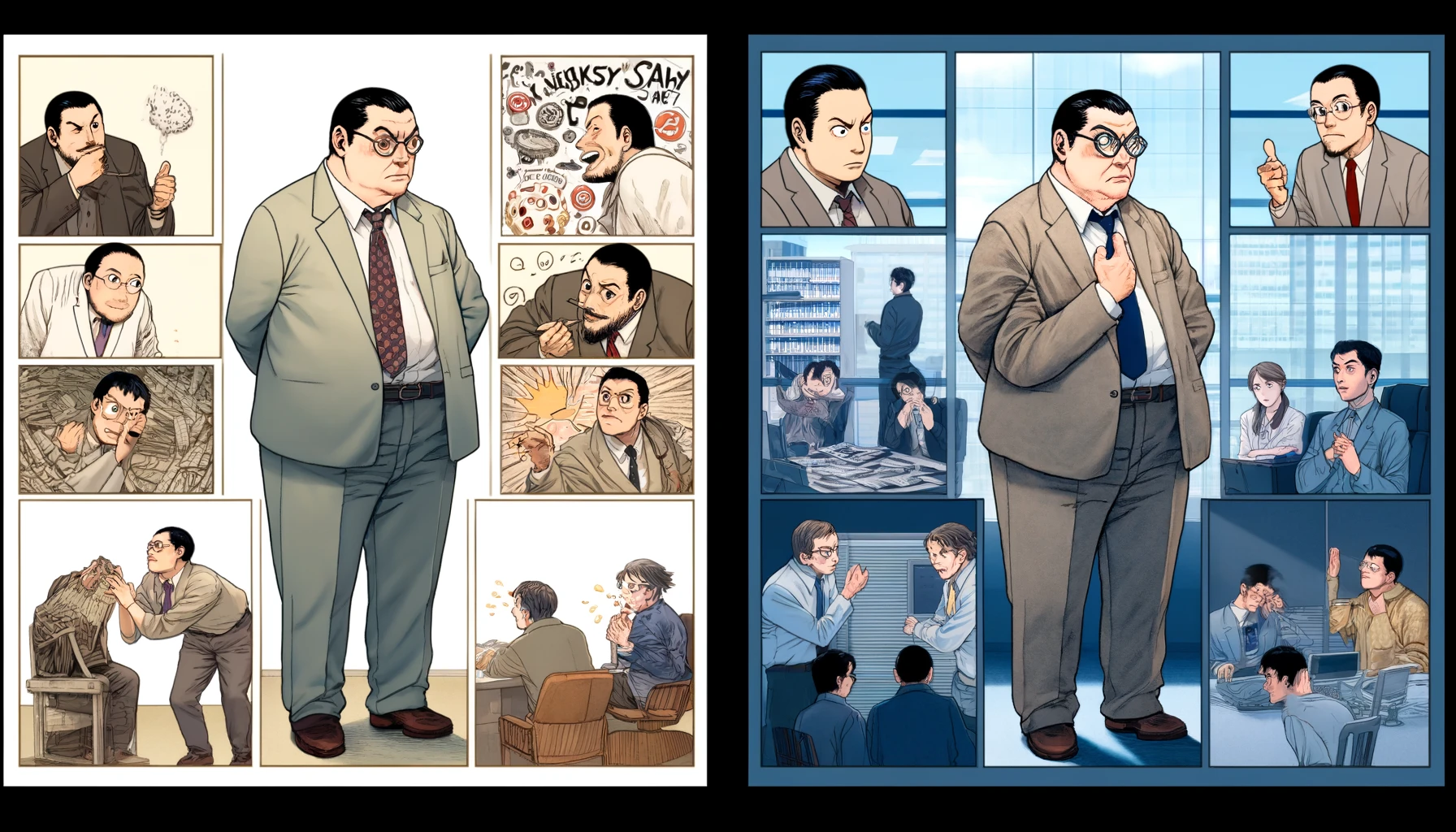 Create two 16:9 images. The first should depict a character analysis scene that emphasizes the disreputable actions of a character like Nakai from Bakuman, with a heavy-set middle-aged man surrounded by visual representations of his unsavory acts, such as sneaky behavior, and negative impact on others, in an office-like setting. The second image should show the same character in a scene from a manga or movie, where his role as the disreputable person is highlighted, with characters reacting to his behavior, in a setting that reflects the consequences of his actions.