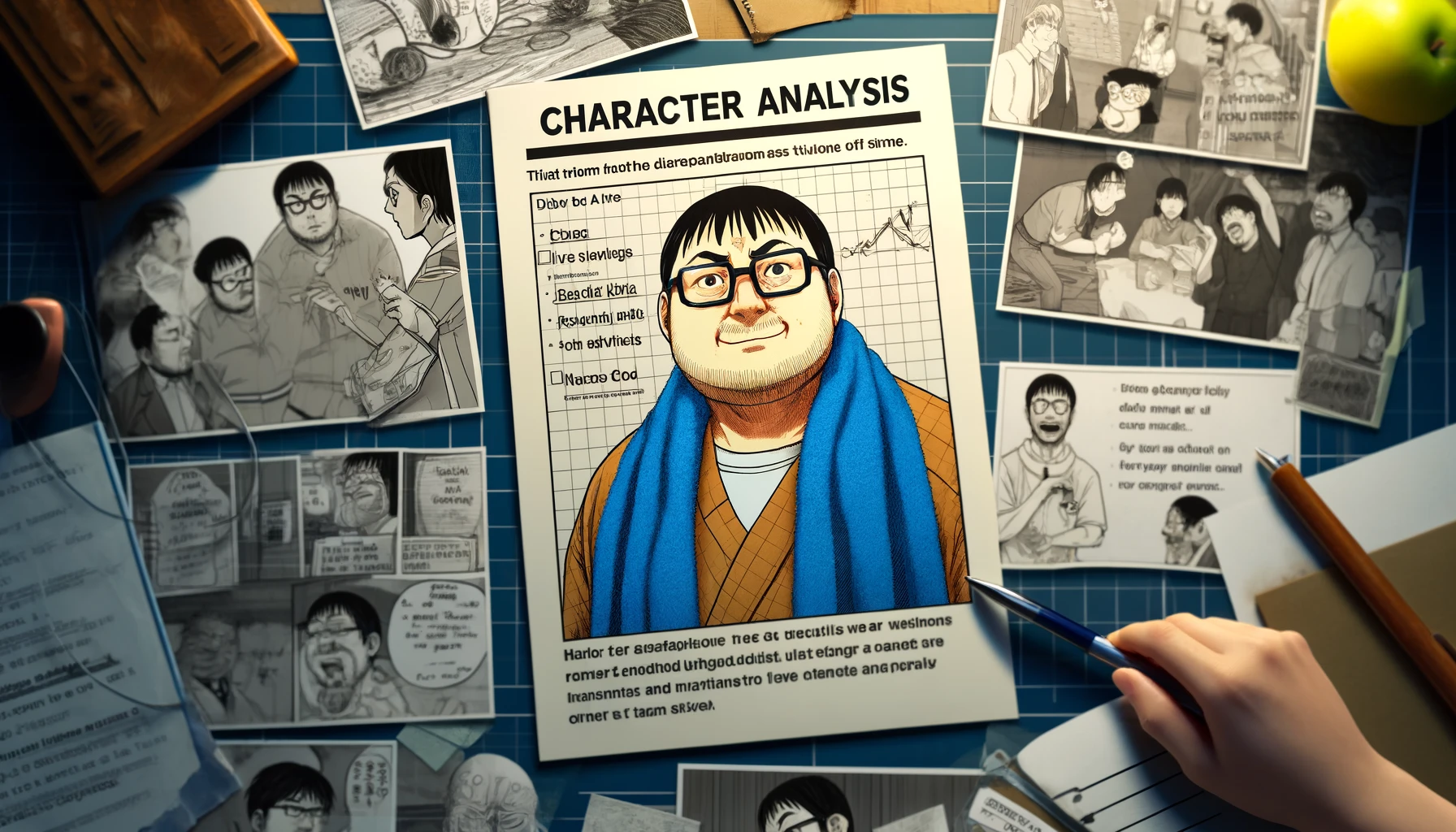 Create a 16:9 image that conducts a thorough analysis of the disreputable actions of a character similar to Nakai from Bakuman. The character is a heavy-set middle-aged man without glasses, with a towel wrapped around his neck, depicted amidst various scenarios showcasing his deceitful and selfish actions, such as being dishonest, taking credit for others' work, and showing a lack of team spirit. The setting should be reminiscent of a character study, with notes, photographs, and perhaps comic panels in the background detailing his misdeeds.