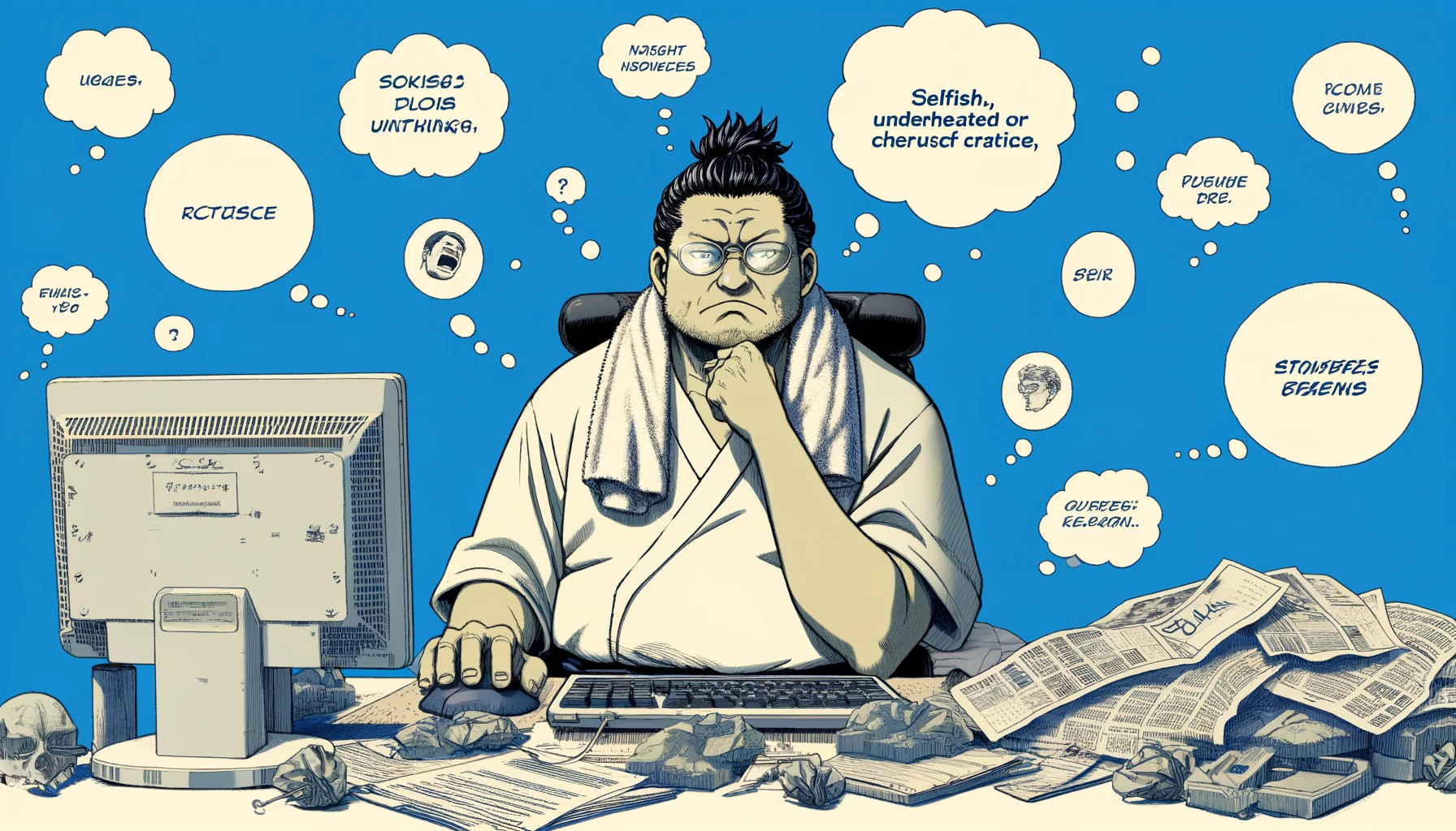 Create a 16:9 image that visualizes why the character Nakai from Bakuman is labeled as a 'despicable' character. The image should feature a heavy-set, middle-aged man with a towel around his neck, sitting in a disorganized workspace. The scene should include elements such as discarded drafts, a computer with harsh critiques on the screen, and thought bubbles or text boxes that imply selfish, underhanded tactics and a lack of integrity, all of which contribute to his negative reputation.