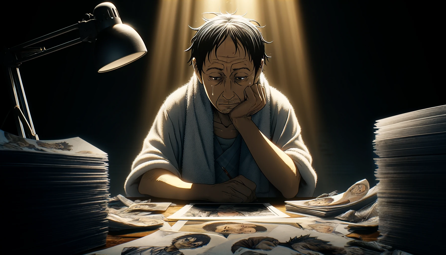 Create a 16:9 image that captures a moment where 'Nakai', the character from Bakuman known for his disagreeable role, appears sympathetic. Visualize a heavy-set middle-aged man looking dejected and contemplative, with a towel around his neck, sitting alone in a dimly lit room. Around him are scattered pages of his own artwork, indicating hard work but also rejection, with perhaps a single piece of art that he is proud of illuminated by a ray of light, creating a moment of empathy for his struggle and dedication.