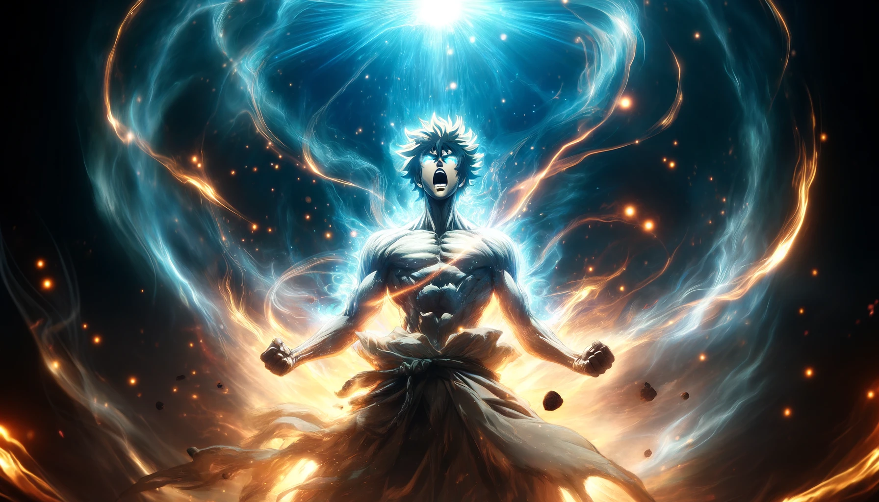 Create a 16:9 image illustrating the anticipated revival of a character akin to Shishio Makoto from 'Kekkaishi'. Capture the intense moment of resurgence, where the character stands with an overwhelming aura of power. The background should be tumultuous, with elements of energy, fire, or spectral lights swirling around, signifying the character's return to strength and the shock of those witnessing this formidable comeback.