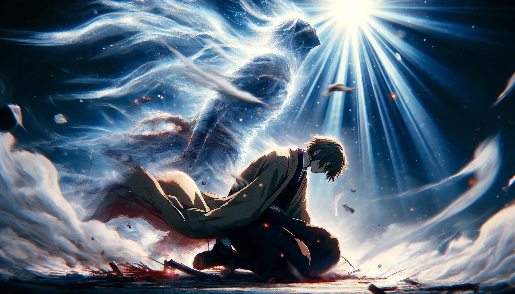 Create a 16:9 image of the final scene of a character reminiscent of Shishio Makoto from the anime 'Kekkaishi'. The scene should convey a dramatic and emotional end, with a powerful and once fearsome character showing a moment of vulnerability and defeat. There should be a dynamic and tragic atmosphere, with the character on the ground amidst a backdrop of destruction and despair, possibly with spectral effects to signify the passing of a soul and the conclusion of a fierce battle.