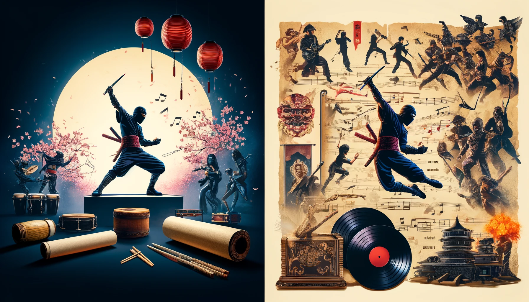 Create two 16:9 images that illustrate the allure and history of theme songs sung by ninja characters. The first image should show a dynamic scene of a ninja singing powerfully on a stage with ancient Japanese aesthetics, such as paper lanterns and cherry blossoms, with musical notes and traditional instruments in the background. The second image should capture a collage of historical moments related to ninja theme songs, like scrolls, old vinyl records, concert posters, and silhouettes of ninja in various poses, with a sense of the evolution of music over time.