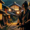 A scene depicting a skilled swordsman from the late Edo period, standing alone with a traditional katana in hand. The setting is an ancient Japanese village with traditional architecture, under the subtle glow of the evening sun. The swordsman wears a kimono, his expression stoic and focused, embodying the essence of a warrior who has faced many battles.