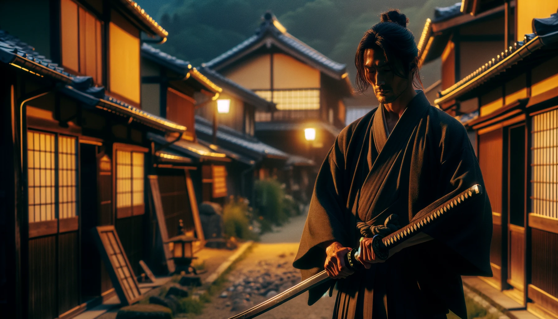 A scene depicting a skilled swordsman from the late Edo period, standing alone with a traditional katana in hand. The setting is an ancient Japanese village with traditional architecture, under the subtle glow of the evening sun. The swordsman wears a kimono, his expression stoic and focused, embodying the essence of a warrior who has faced many battles.