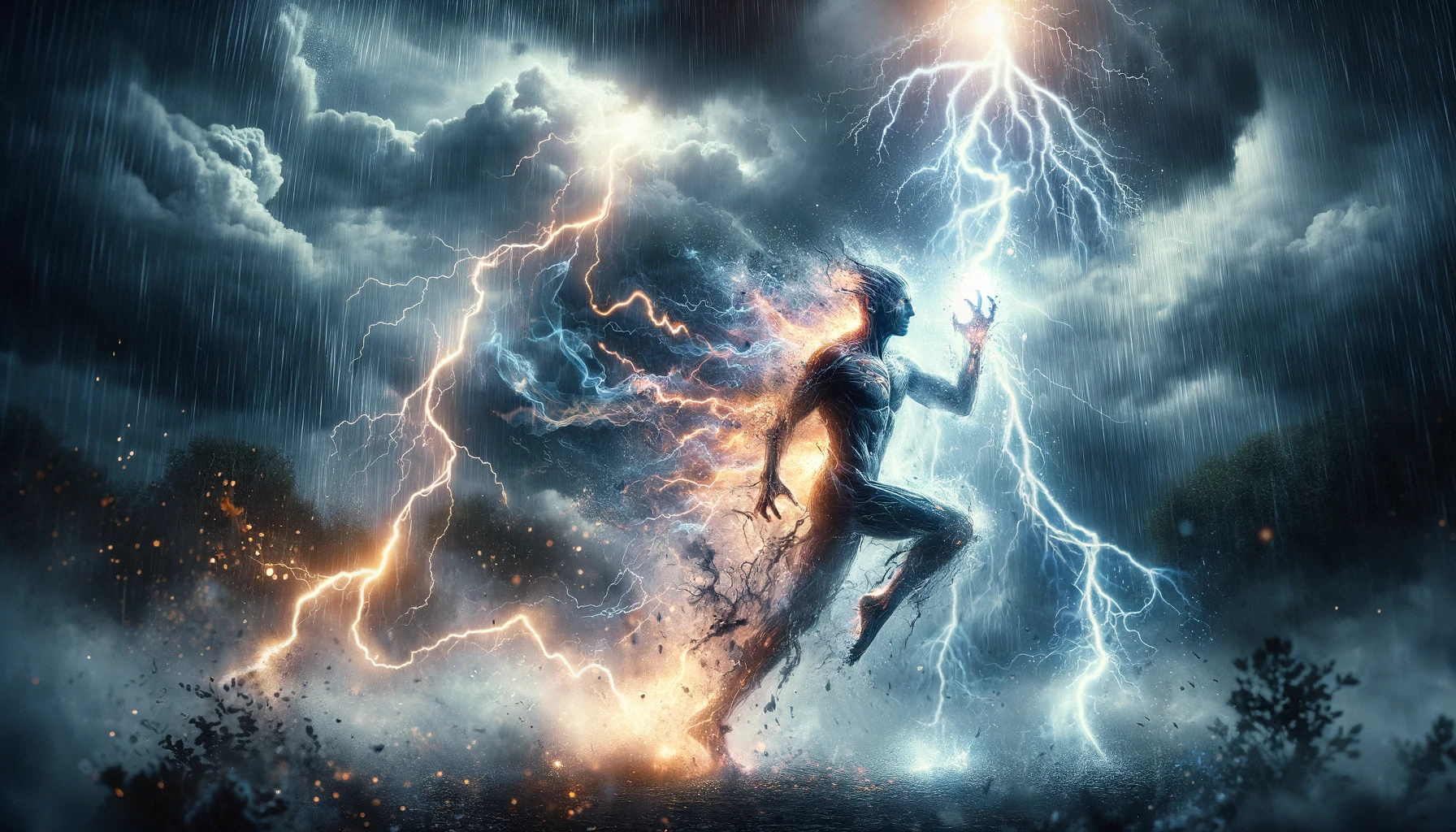 An epic transformation scene where a person is struck by lightning and morphs into a mythical creature, amidst a stormy night. The environment is dramatic, with dark clouds, pouring rain, and intense lightning illuminating the scene. The person's body begins to change, taking on fantastic, otherworldly features, signifying the transition from human to mythical being. The energy of the lightning is visibly coursing through the person, highlighting the moment of transformation.