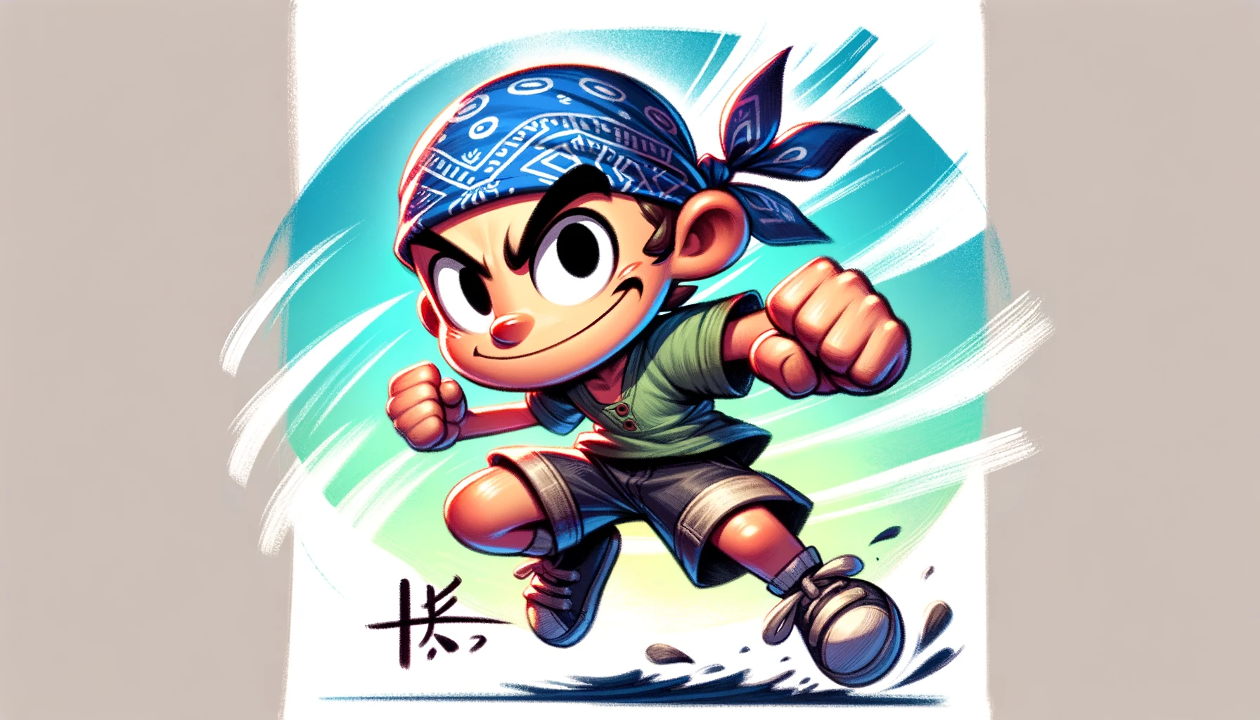 Create an image of a stylized, determined young cartoon character in dynamic action pose. The character has large expressive eyes and is wearing a bandana on the head, with the end of the bandana flowing in the air. The character has a mischievous grin, wearing a short-sleeved shirt and shorts. The fists are clenched as if the character is ready for a playful fight. The background should be a simplistic brush-stroked sky, with a bold name text in a foreign-looking script at the bottom right corner of the image. The colors should be vivid, with a good contrast between the character and the background.