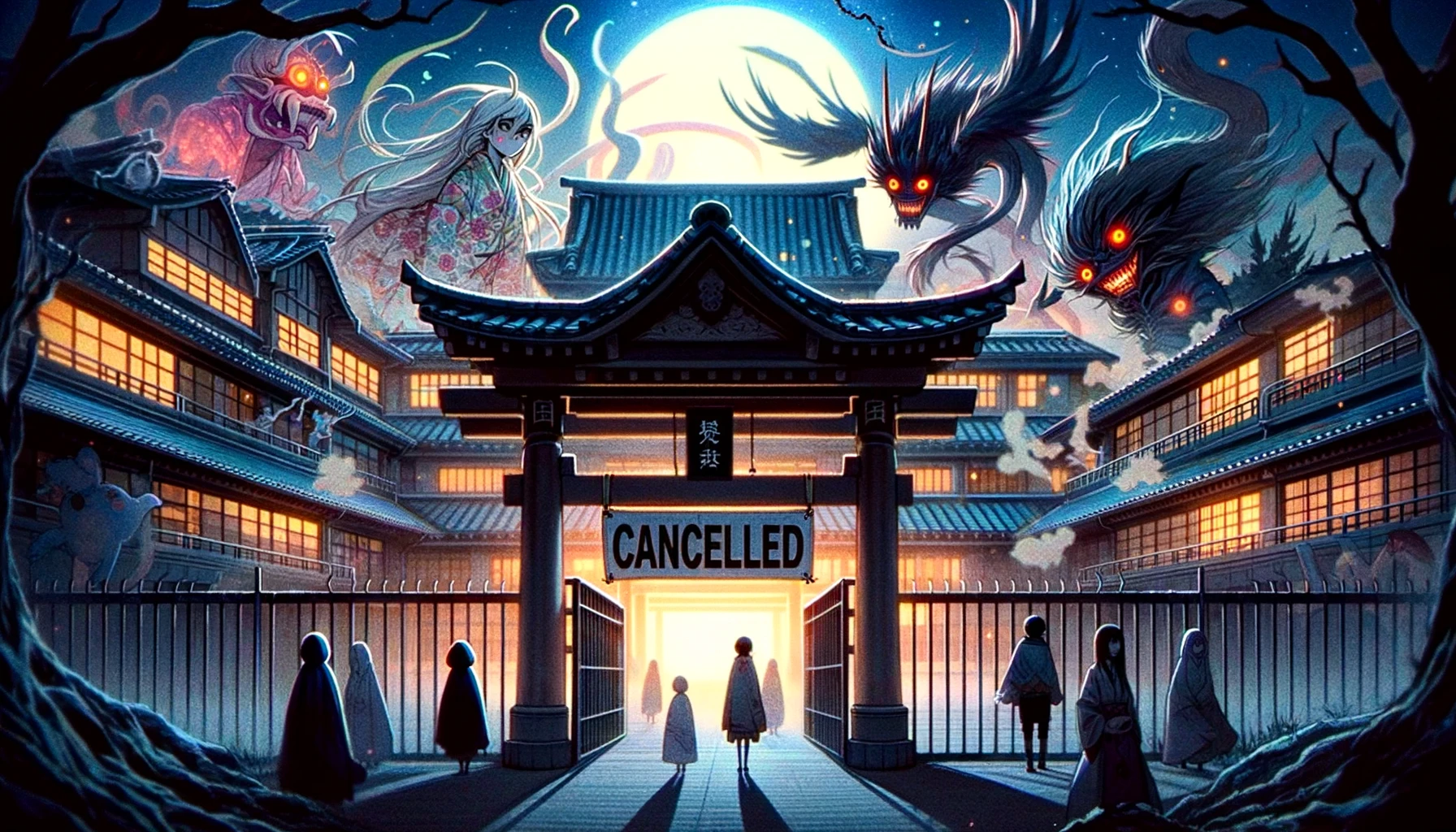 An image capturing the concept of the anime 'Kekkaishi' being cancelled, set against a backdrop that suggests a story unfinished. The scene includes elements of a Japanese high school, supernatural barriers, and ayakashi monsters lurking in the shadows, with a sense of abrupt interruption. The setting is a mysterious, dimly lit school ground at twilight, where the main characters stand ready for battle, but the atmosphere is filled with an air of uncertainty and unfinished stories.