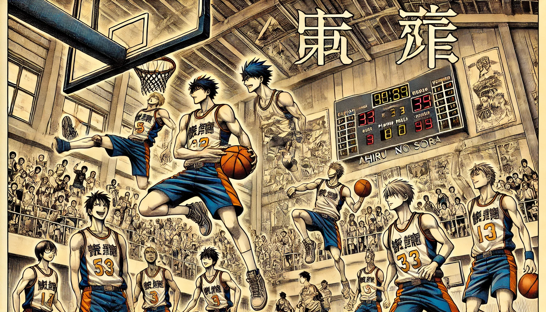 A detailed comic book cover style image showing various characters from the manga 'Ahiru no Sora' playing basketball. The background features a high school gymnasium with a scoreboard. The title 'Ahiru no Sora' is prominently displayed in Japanese. The image captures the dynamic and energetic atmosphere of a basketball game.