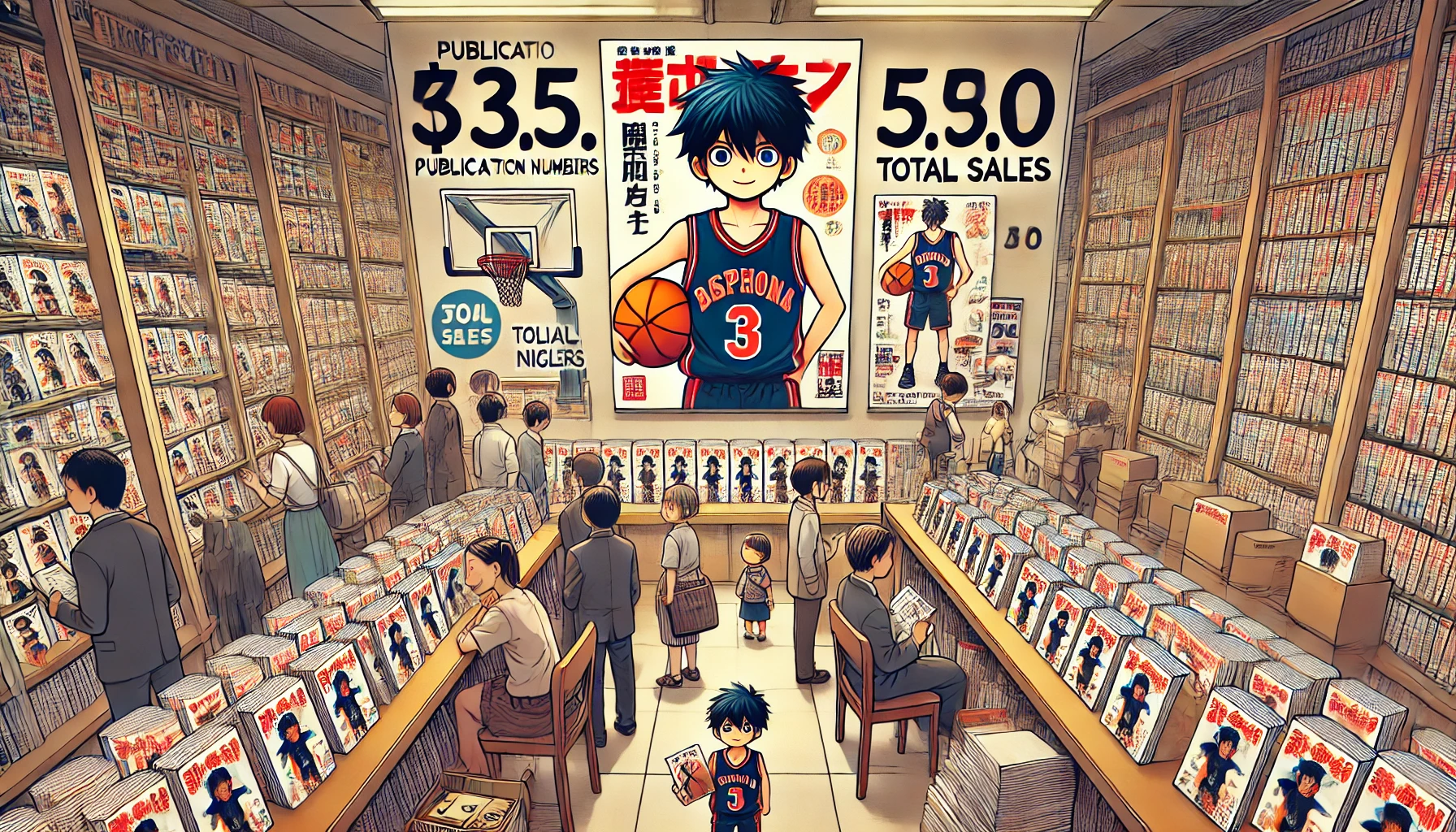 An illustration showing the impressive publication numbers of a basketball manga featuring a small protagonist. The scene includes a Japanese bookstore with shelves filled with copies of the manga. People are seen buying and holding the manga, and a banner displays the total sales figures. The atmosphere is vibrant and celebratory.