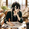 A young male manga artist with black long hair in a semi-princess cut, wearing a cutter shirt and suspenders, is sitting at a drawing desk littered with manga drawing tools and manuscripts. He has a thoughtful expression, as if he's contemplating his next story plot, surrounded by various manga books. The background shows a cozy artist's studio, with a large window revealing a cityscape outside, indicating he's in an urban setting. The scene captures a moment of creative process, filled with determination and a hint of daydreaming.