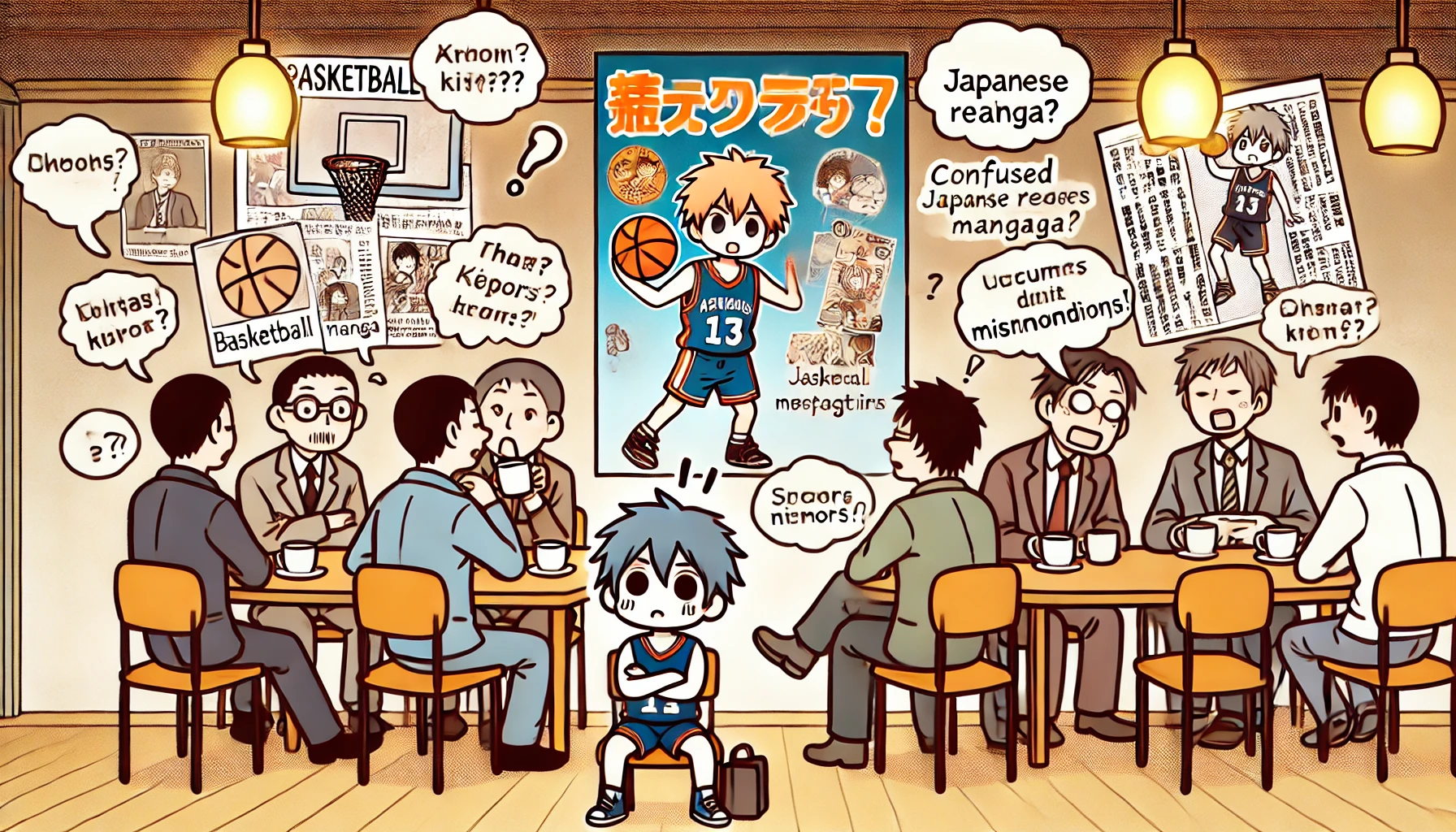 An illustration depicting various misconceptions about a basketball manga featuring a small protagonist. The scene includes a confused group of Japanese readers discussing the manga in a café, with speech bubbles showing different rumors and misunderstandings. The background shows a cozy indoor setting.