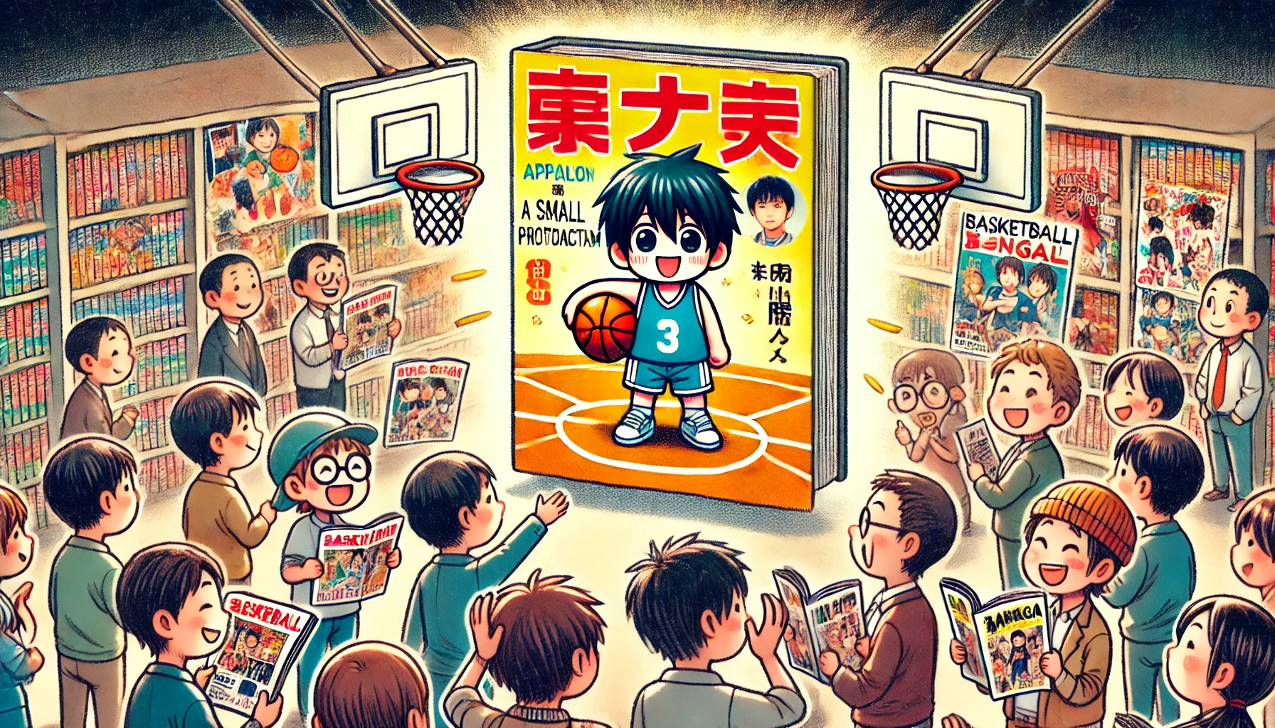 An illustration highlighting the appeal of a basketball manga featuring a small protagonist. The scene includes a diverse group of Japanese fans enthusiastically reading the manga, discussing it, and enjoying the storyline. The background shows a vibrant and energetic atmosphere, possibly in a library or bookstore.