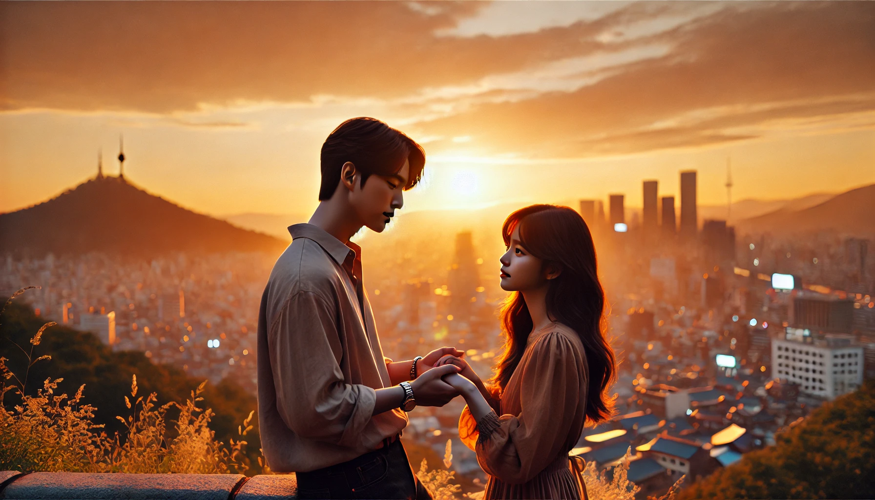 A romantic scene of a young Korean couple, the man gently holding the woman's hands, set against a scenic backdrop of a city skyline at sunset. The atmosphere is warm and tender, capturing the essence of their love story.