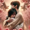 The final scene of a romantic Korean drama, showing the couple embracing in a heartfelt hug with tears in their eyes, set against a backdrop of cherry blossom trees in full bloom. The atmosphere is emotional and poignant, capturing the intensity of their love and the significance of their relationship.