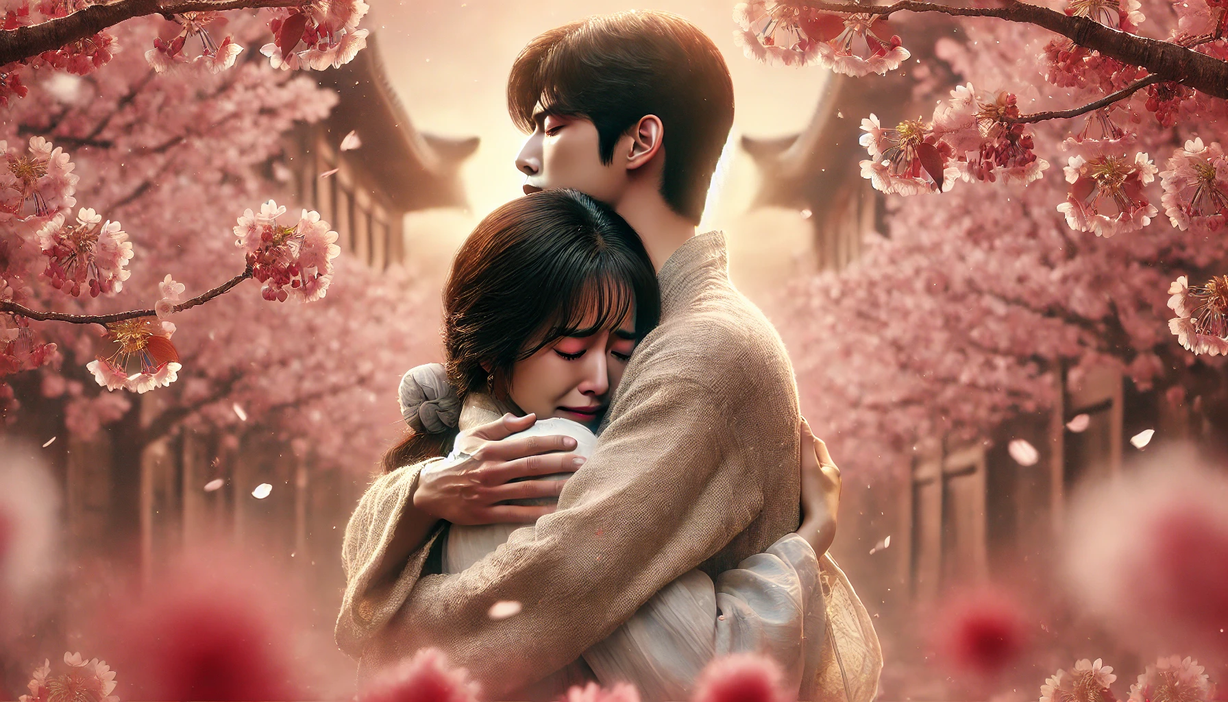 The final scene of a romantic Korean drama, showing the couple embracing in a heartfelt hug with tears in their eyes, set against a backdrop of cherry blossom trees in full bloom. The atmosphere is emotional and poignant, capturing the intensity of their love and the significance of their relationship.