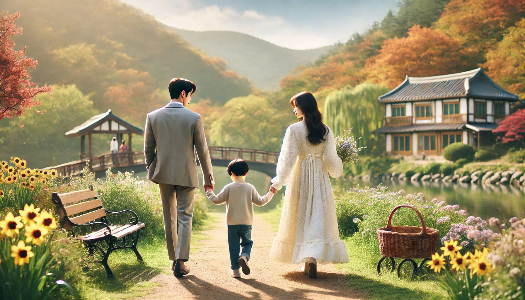 A scene from a Korean drama sequel, showing the couple now married, walking hand-in-hand with a child in a picturesque park. The atmosphere is joyful and serene, capturing the happiness and growth of their family life.