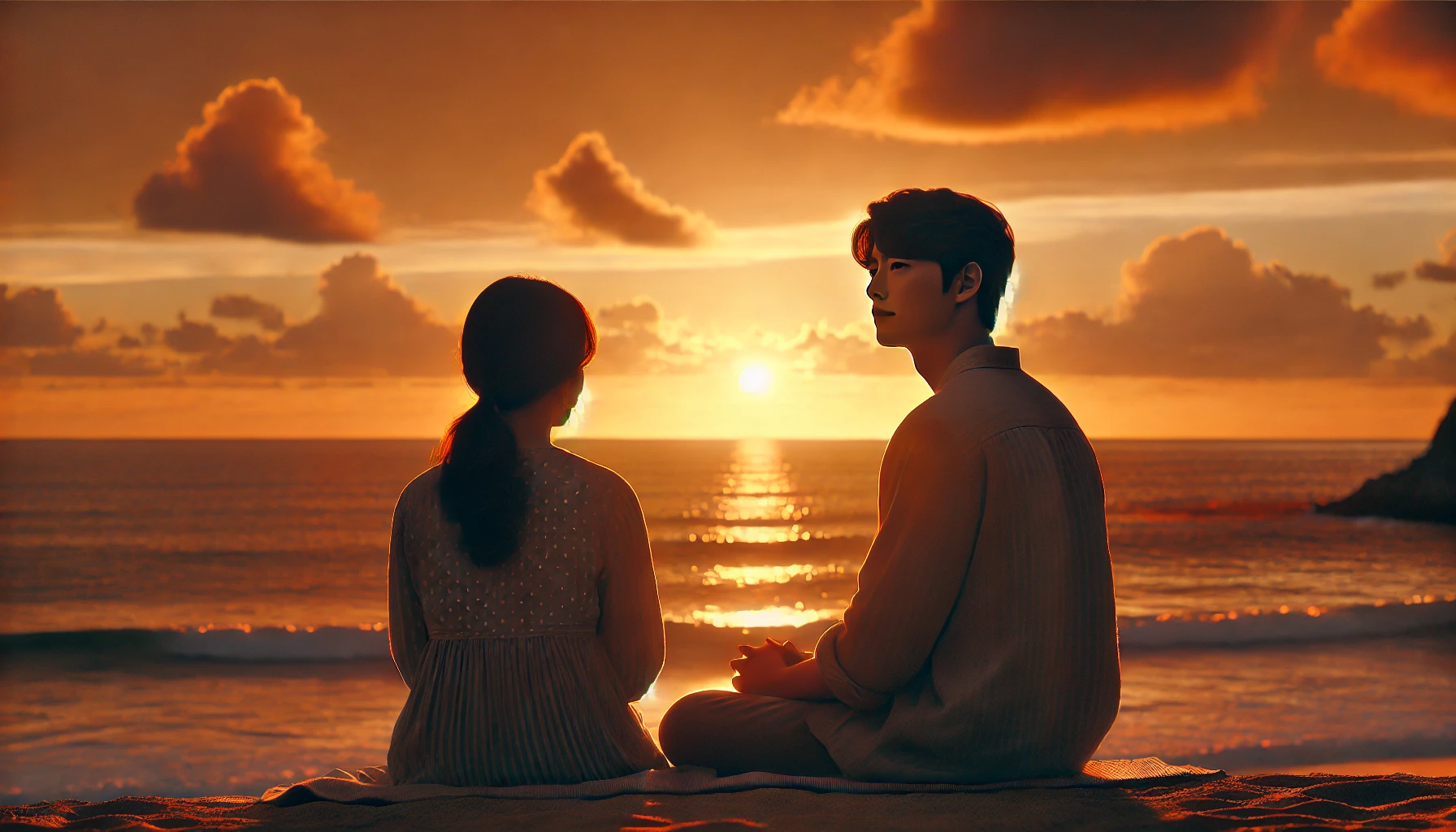 The concluding scene of a Korean romantic drama, showing the couple sitting together on a beach during sunset, looking at the horizon. The atmosphere is peaceful and reflective, symbolizing the end of their journey and the beginning of a new chapter in their lives.