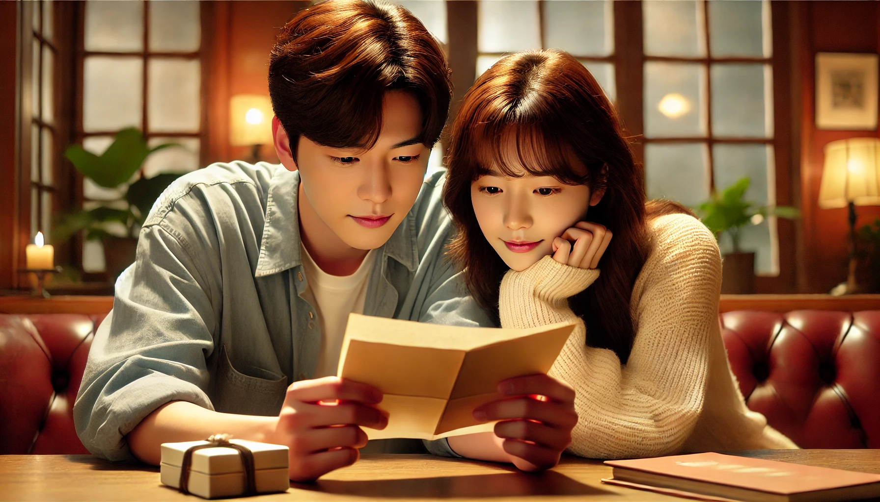 A scene from a Korean drama where the couple is eagerly reading a letter or a book, indicating they are learning about the continuation of their story. The setting is cozy and intimate, capturing their curiosity and anticipation.