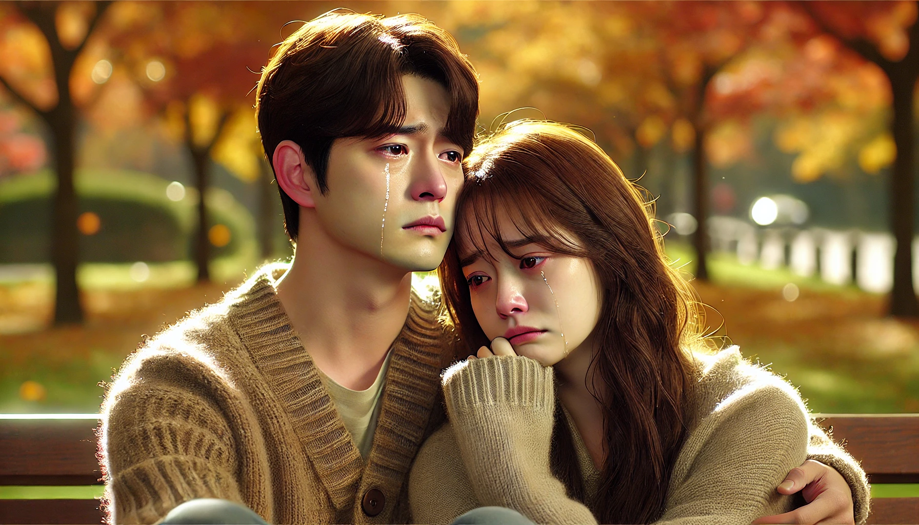 A touching scene from a Korean drama where a couple is sitting together, tears in their eyes, as they reflect on their past and the journey they have been through. The background is a serene park with autumn leaves falling.