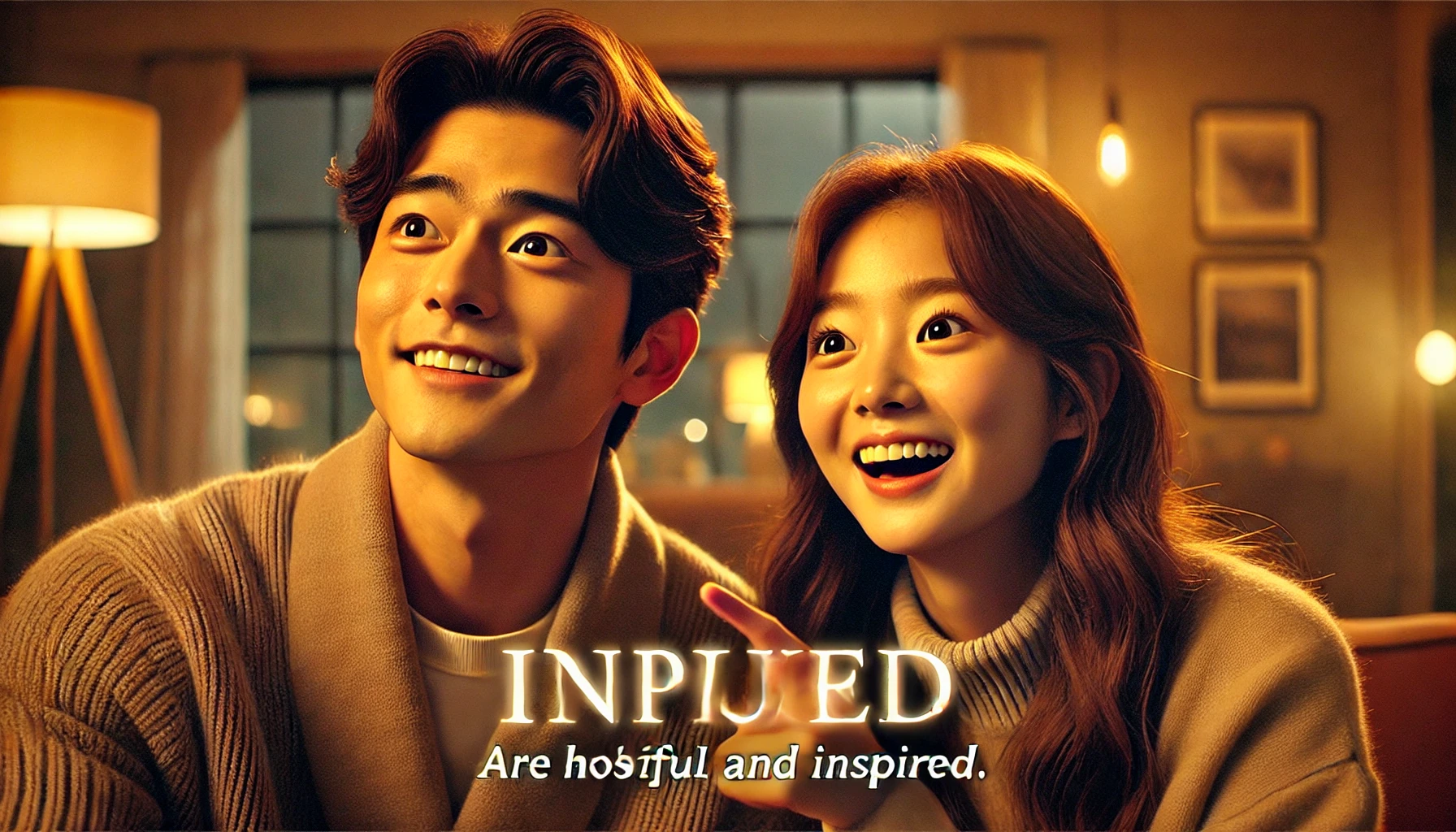 A scene from a Korean drama sequel, where the couple is excitedly talking about the future, looking hopeful and inspired. The setting is a cozy living room with warm lighting, emphasizing their positive outlook.