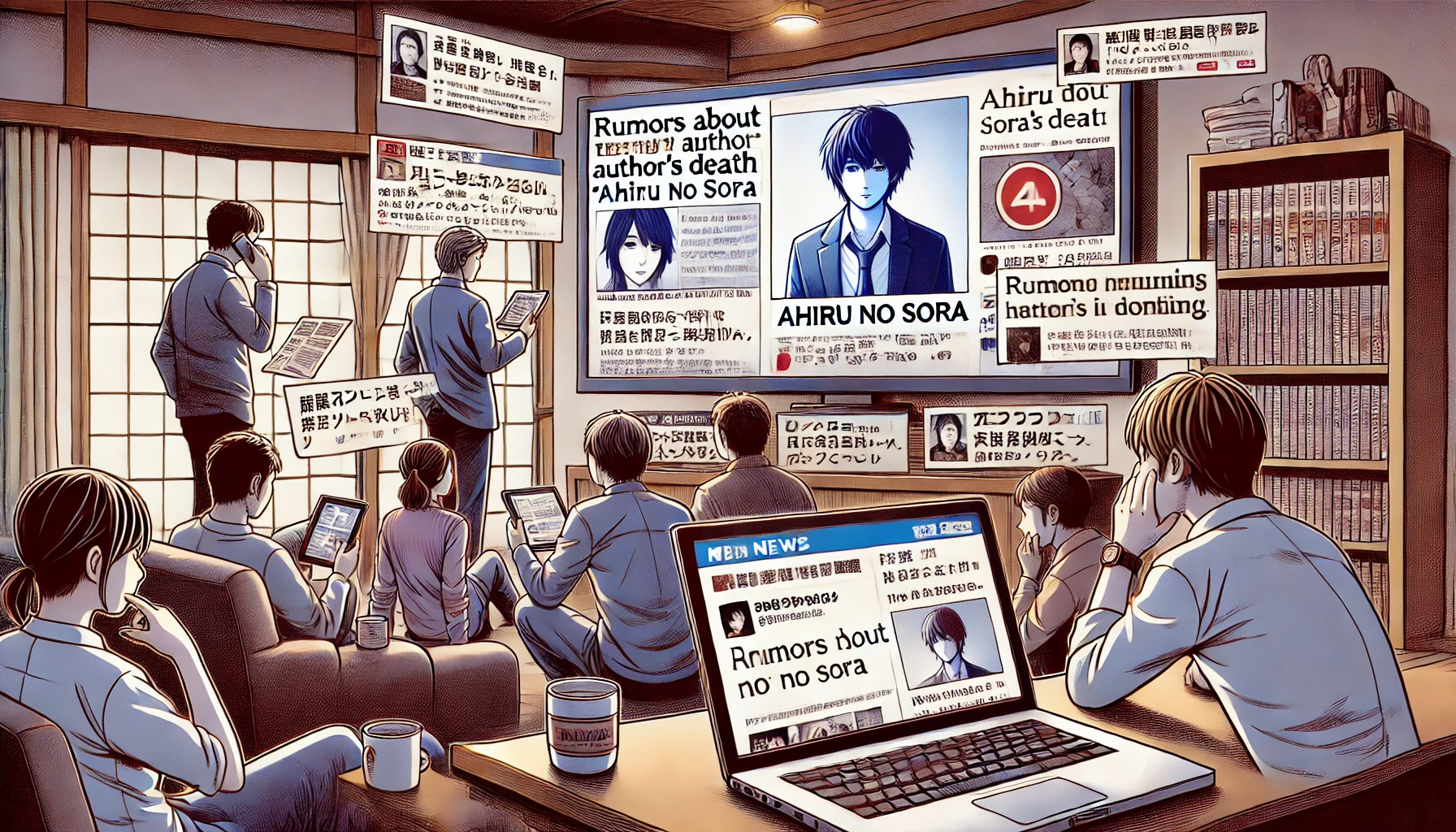 A digital illustration depicting a scene where rumors about the 'Ahiru no Sora' author's death are being spread online. The image features a laptop screen displaying social media and news headlines, with people discussing and sharing information. The background shows a typical Japanese room setting.