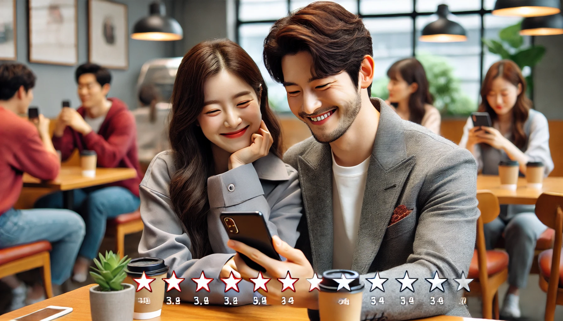 A scene from a Korean drama where the couple is reading positive reviews and comments on their smartphone, smiling and feeling appreciated. The background shows a modern cafe setting with other people enjoying their time.