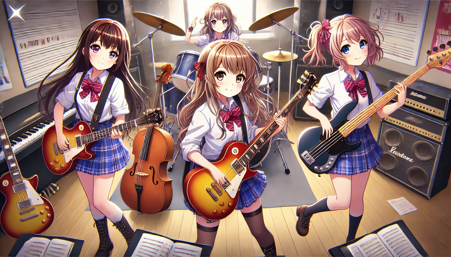 Four anime-style Japanese high school girls in a light music club playing guitar, bass, and drums. The scene is set in a high school music room with instruments and band equipment.