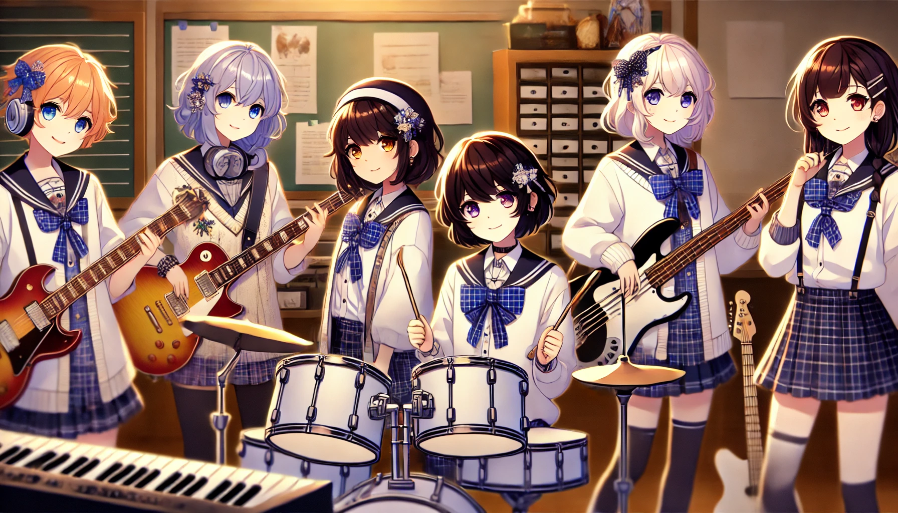 Four anime-style Japanese high school girls in a light music club, showcasing their charm and personality. The scene is set in a school music room with instruments and band equipment, highlighting their individual styles and expressions.