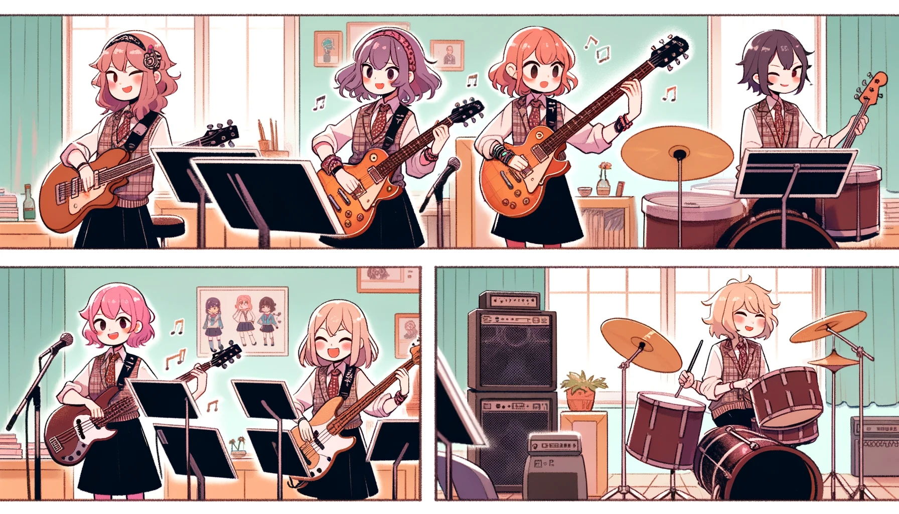 A four-panel manga featuring four anime-style Japanese high school girls in a light music club. Each panel showcases the girls playing guitar, bass, and drums, with humorous and charming interactions. The scene is set in a high school music room.