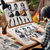 An anime-style Japanese manga artist in their studio, creating a manga about four high school girls in a light music club playing guitar, bass, and drums. The scene shows the artist at their desk with drawing tools and manga drafts.