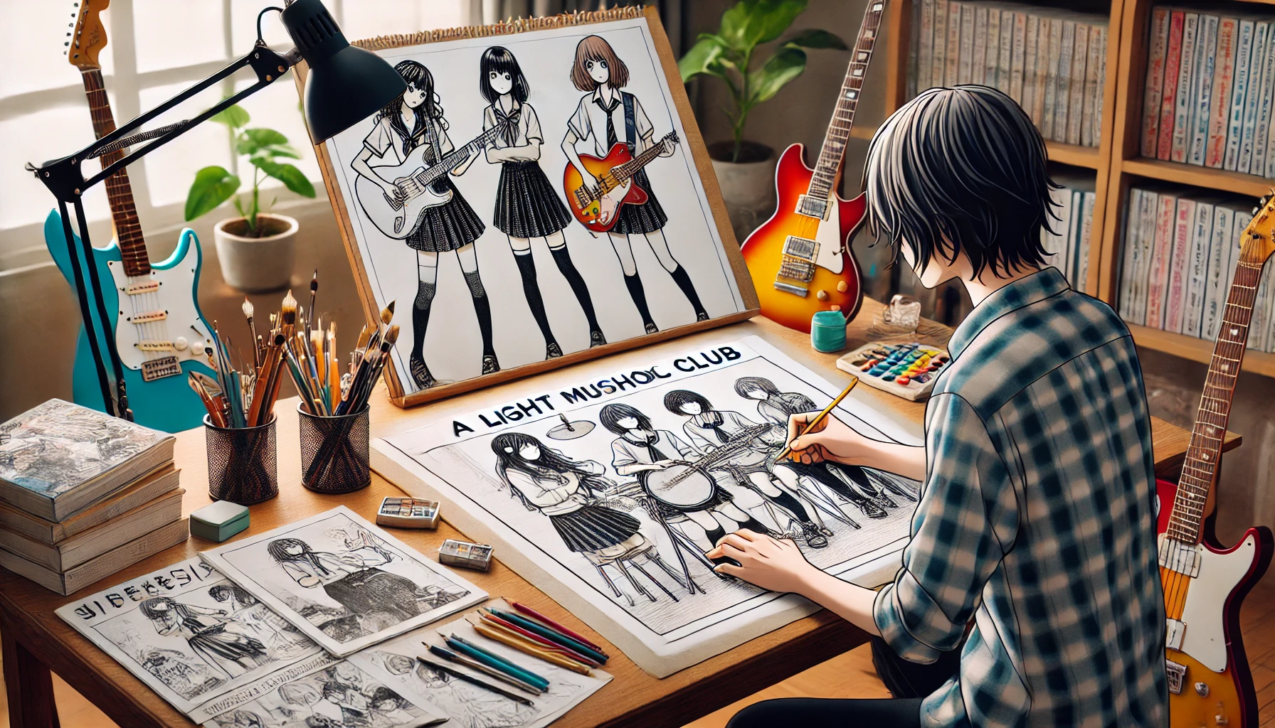 An anime-style Japanese manga artist in their studio, creating a manga about four high school girls in a light music club playing guitar, bass, and drums. The scene shows the artist at their desk with drawing tools and manga drafts.