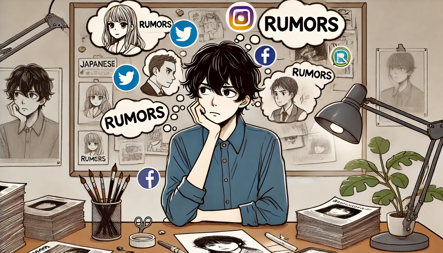 An anime-style scene of a Japanese manga artist surrounded by rumors, depicted by thought bubbles and social media icons around them. The artist is in their studio, looking contemplative with drawing tools and manga drafts on the desk.