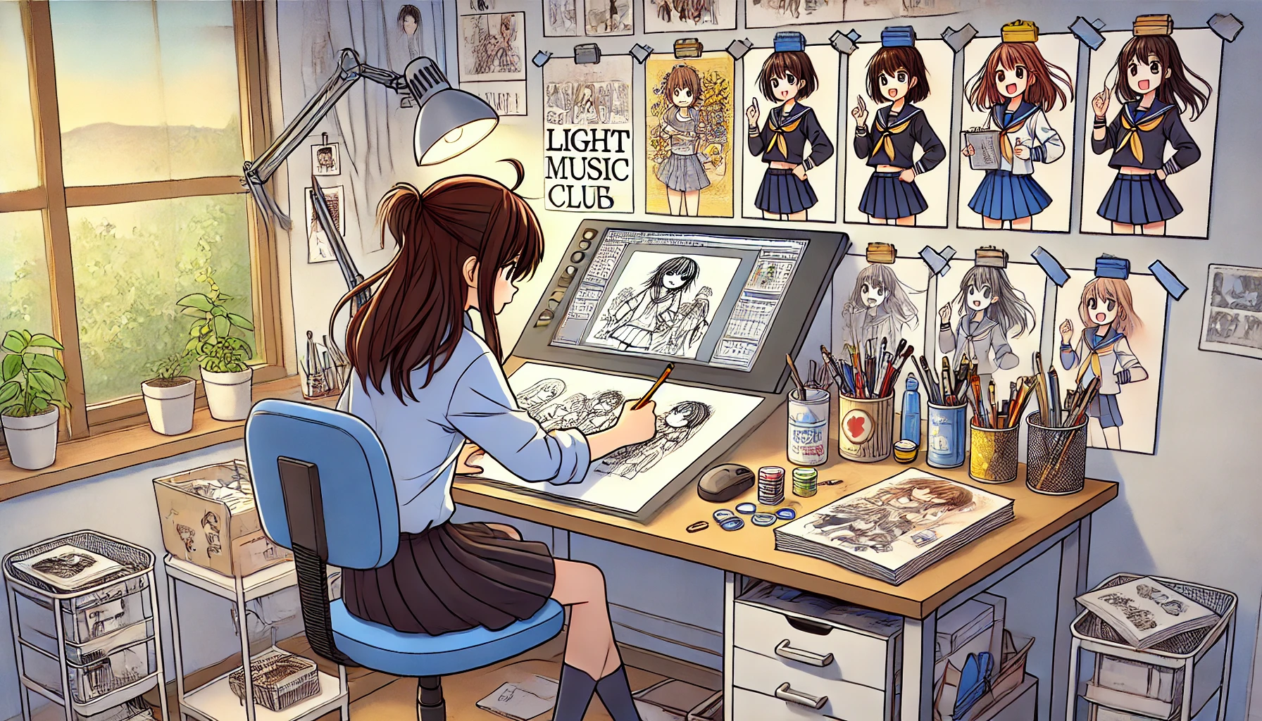 An anime-style scene of a Japanese manga artist currently working on their manga about four high school girls in a light music club. The artist is in their studio, actively drawing at their desk with manga drafts and art tools around.