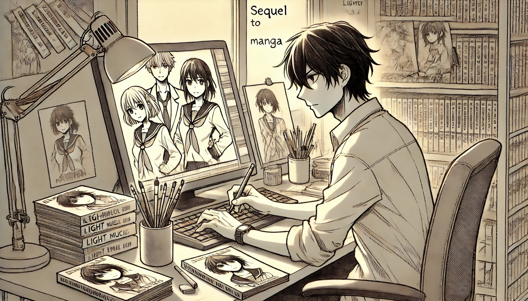 An anime-style scene of a Japanese manga artist writing the sequel to their manga about four high school girls in a light music club. The artist is in their studio, surrounded by manga drafts and art tools, looking focused and determined.