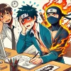 A Japanese manga artist experiencing health issues and taking a break from drawing a comic about a high school student who admires ninjas and has a mysterious ability to produce flames from his arm.