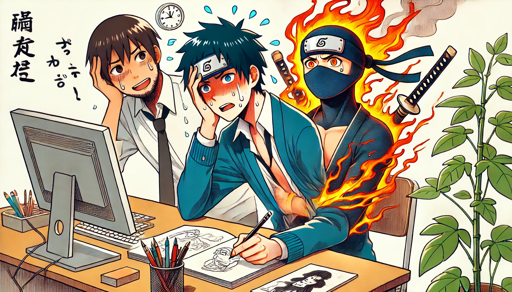 A Japanese manga artist experiencing health issues and taking a break from drawing a comic about a high school student who admires ninjas and has a mysterious ability to produce flames from his arm.