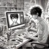 A detailed illustration showing the truth behind the rumors of the 'Ahiru no Sora' author's death. The image features a Japanese manga artist working at a desk with manga pages, a computer, and drawing tools. The room is filled with books and posters, indicating a creative workspace. The artist looks focused and healthy.