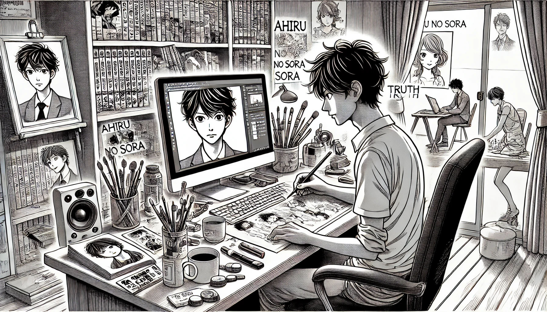 A detailed illustration showing the truth behind the rumors of the 'Ahiru no Sora' author's death. The image features a Japanese manga artist working at a desk with manga pages, a computer, and drawing tools. The room is filled with books and posters, indicating a creative workspace. The artist looks focused and healthy.