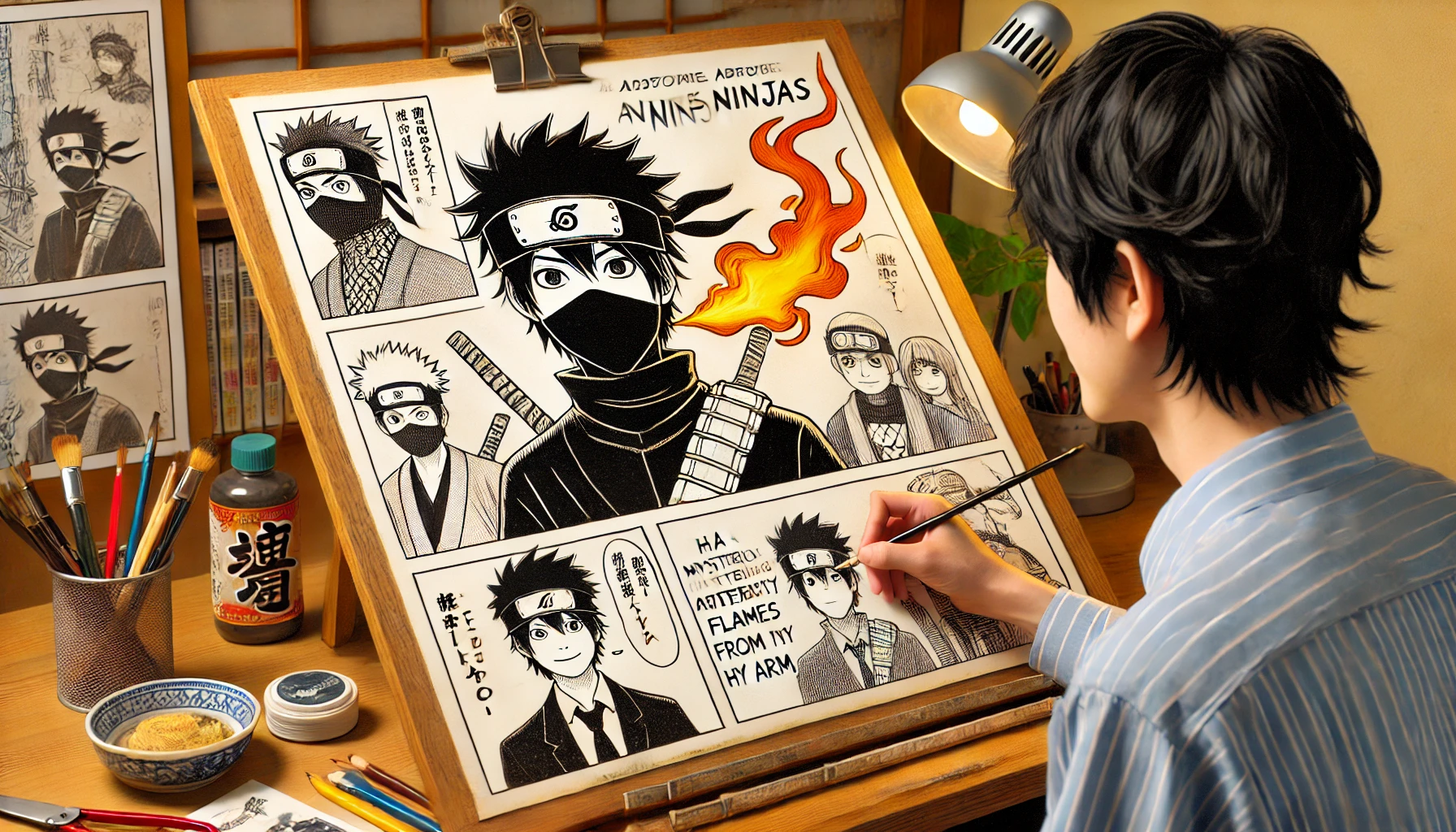 A Japanese manga artist drawing a comic about a high school student who admires ninjas and has a mysterious ability to produce flames from his arm, in a traditional studio setting.