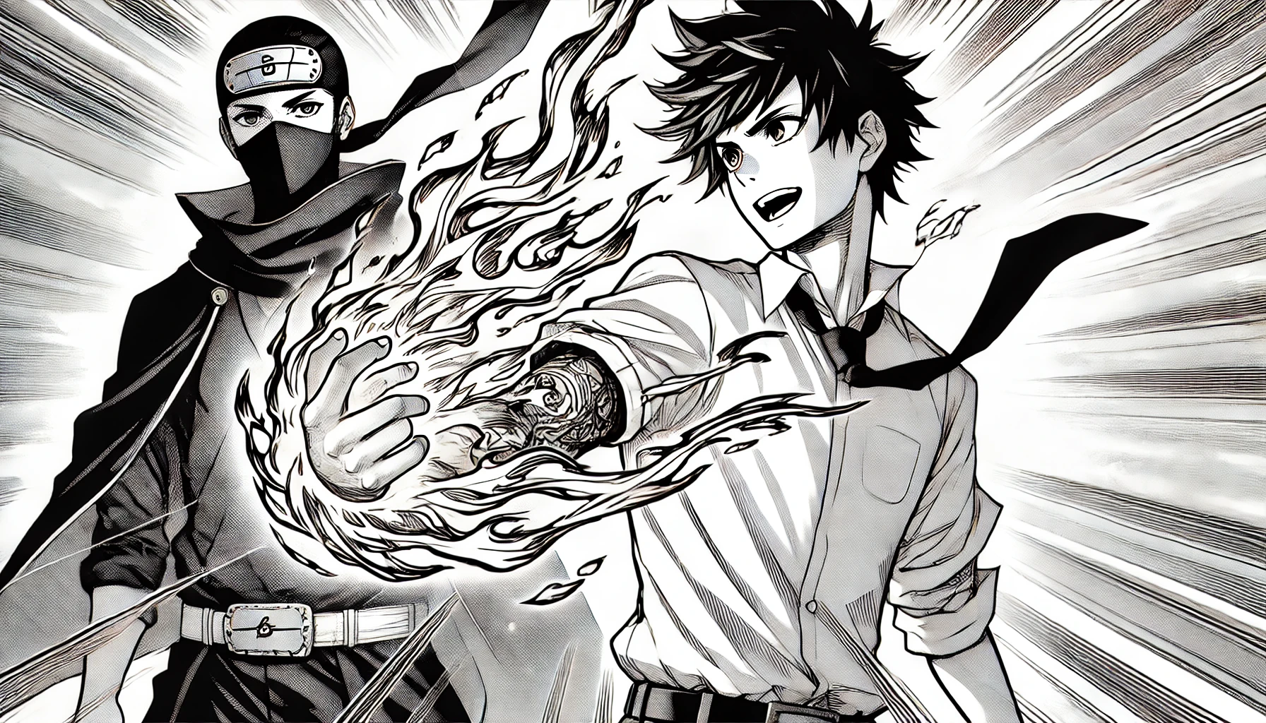 A manga featuring a high school student who admires ninjas and has a mysterious ability to produce flames from his arm, in a dynamic and action-packed scene.