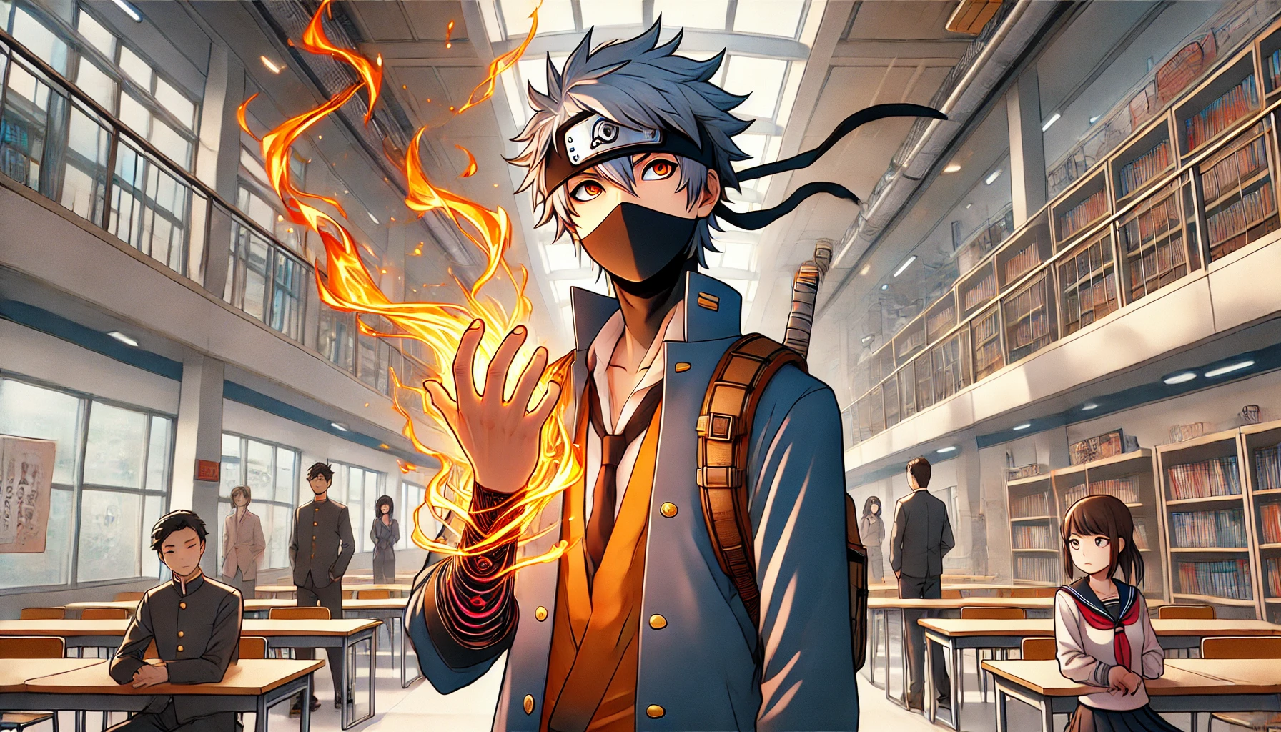 A high school student who admires ninjas with a mysterious ability to produce flames from his arm, in a modern Japanese high school setting.