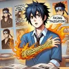 A high school student aspiring to be a ninja with the mysterious ability to produce flames from his arm, facing plagiarism allegations. The scene shows the student looking concerned, with flames coming out from his arm and various manga panels in the background.