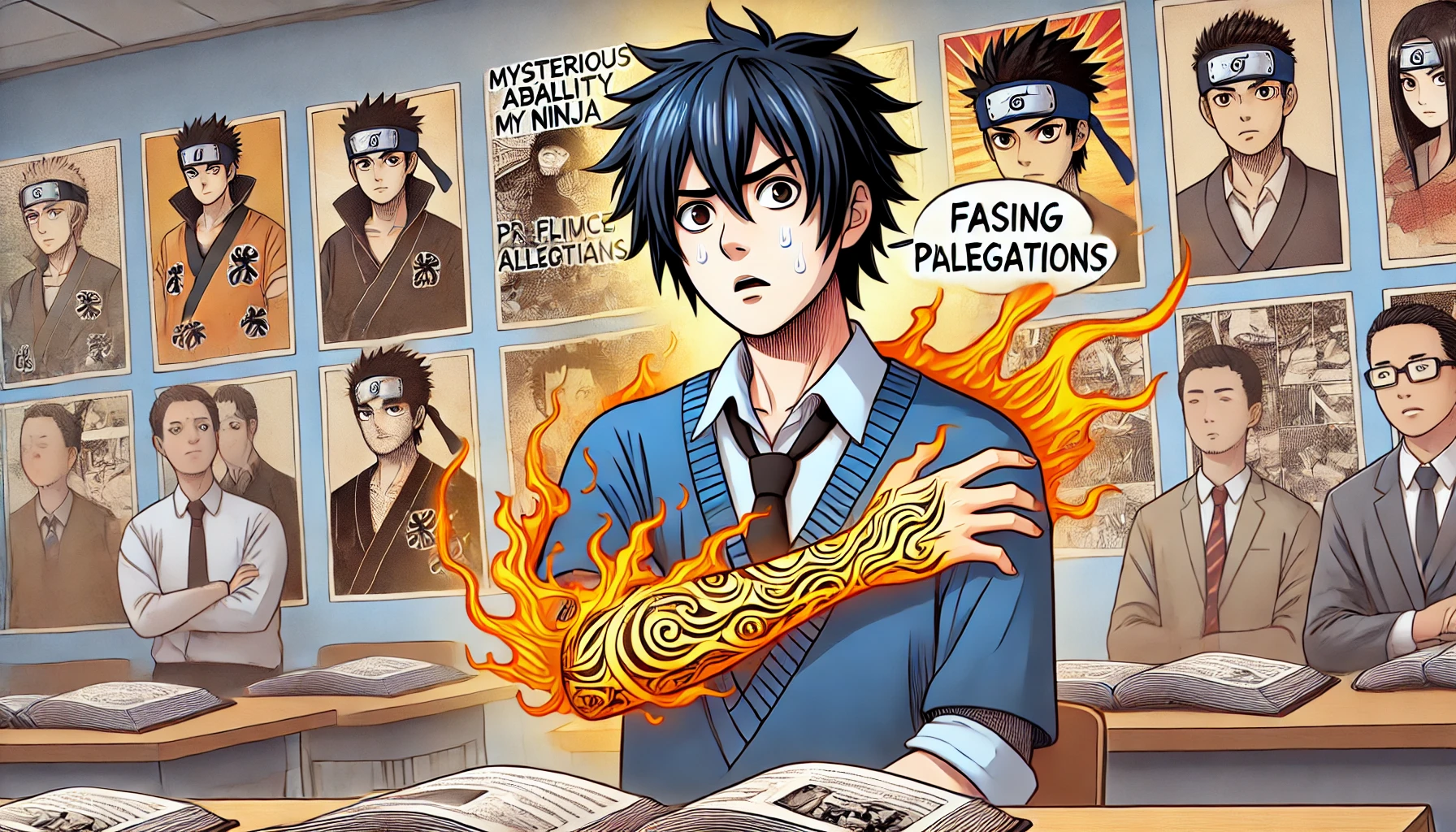 A high school student aspiring to be a ninja with the mysterious ability to produce flames from his arm, facing plagiarism allegations. The scene shows the student looking concerned, with flames coming out from his arm and various manga panels in the background.