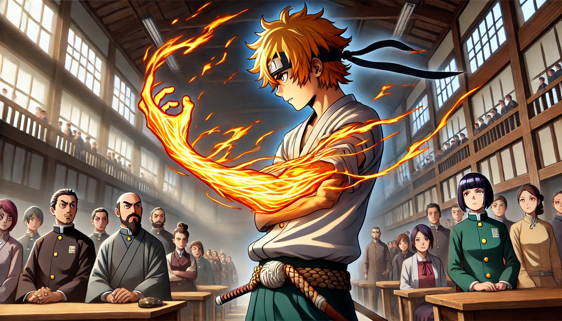 A high school student aspiring to be a ninja with the mysterious ability to produce flames from his arm, participating in a tournament battle. The scene shows the student in an intense fight, flames erupting from his arm, with a crowd watching.