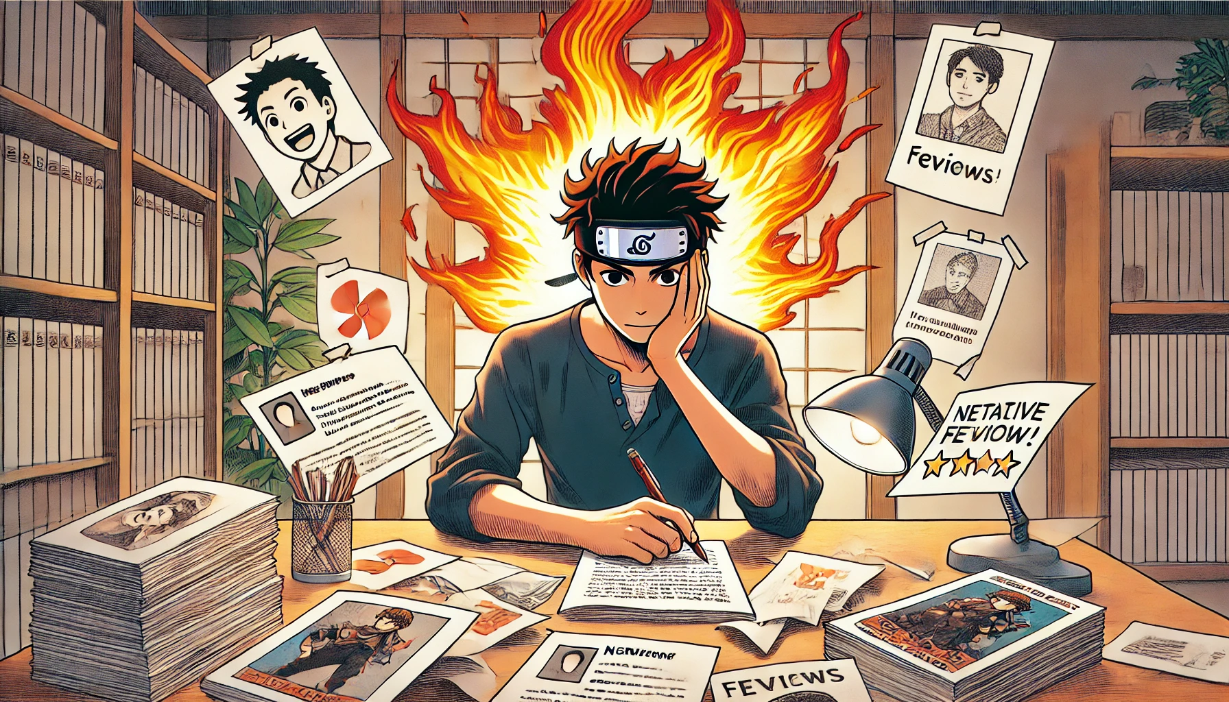 The author of a manga about a high school student aspiring to be a ninja with the ability to produce flames from his arm, receiving both positive and negative feedback. The scene shows the author at a desk, surrounded by fan letters and reviews, with a thoughtful expression.